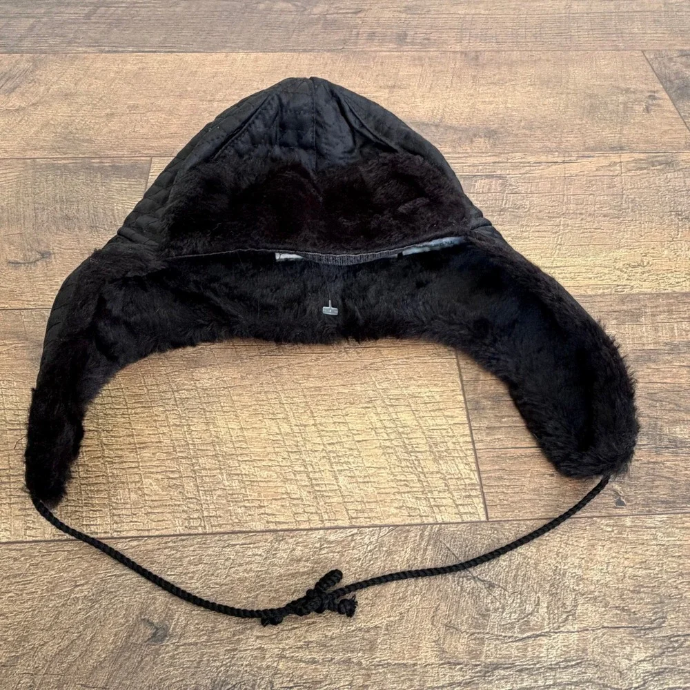 J Crew Black Quilted Trapper Hat Faux Fur Made‎ in Italy OSFM